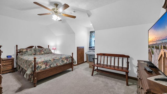 412 Carolina Dr, Loris, SC 29569 - bedroom featuring carpet floors, vaulted ceiling, and ceiling fan