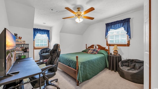 412 Carolina Dr, Loris, SC 29569 - carpeted bedroom featuring a desk, a ceiling fan, and vaulted ceiling