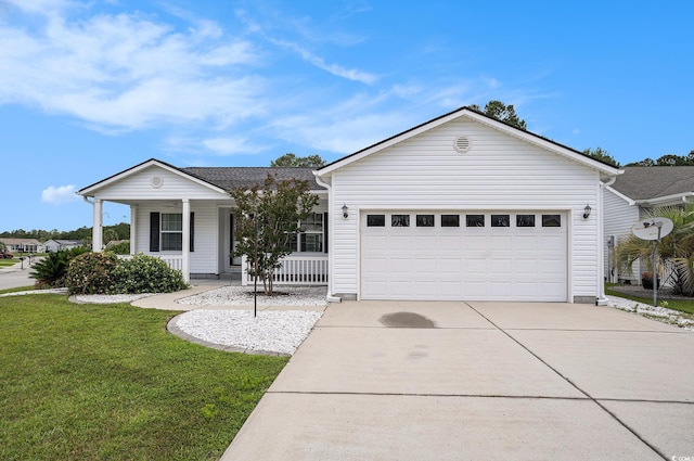 1001 Greencrest Ct, Conway, SC 29526 - ranch-style house with covered porch, driveway, a front yard, and a garage