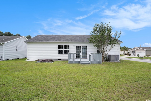 1001 Greencrest Ct, Conway, SC 29526 - view of front facade with a front yard, a wooden deck, central air condition unit, and crawl space