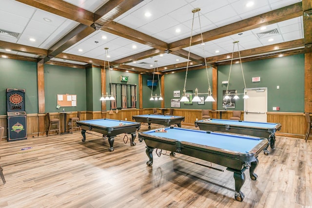 1001 Greencrest Ct, Conway, SC 29526 - recreation room with a wainscoted wall, pool table, wood finished floors, coffered ceiling, and beam ceiling