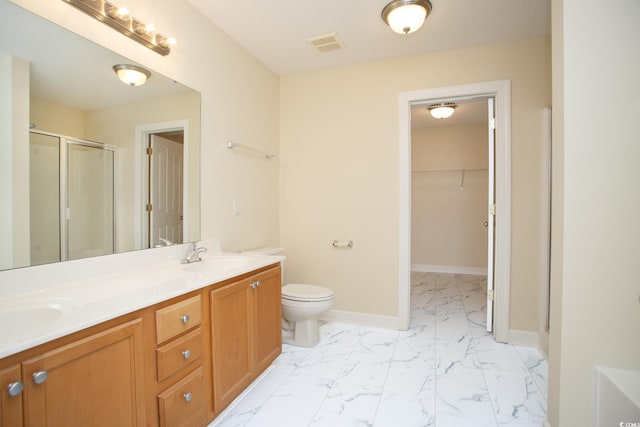 112 Molinia Dr, Murrells Inlet, SC 29576 - bathroom featuring marble finish floors, a stall shower, double vanity, toilet, and baseboards