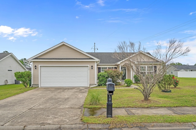 1220 Dunraven Ct, Conway, SC 29527 - ranch-style house with concrete driveway, a garage, a front lawn, and cooling unit