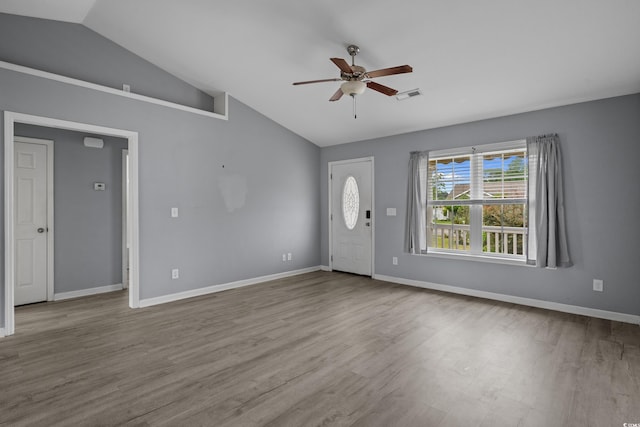 1220 Dunraven Ct, Conway, SC 29527 - foyer entrance featuring vaulted ceiling, ceiling fan, wood finished floors, and baseboards