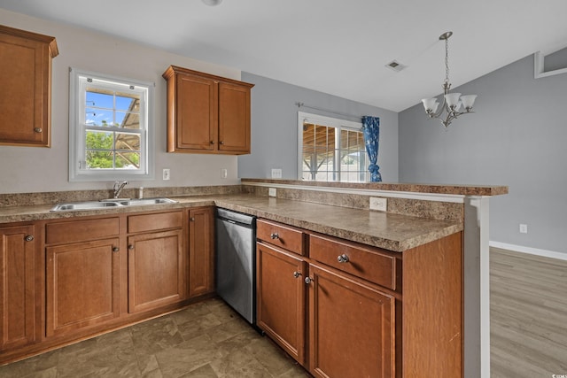 1220 Dunraven Ct, Conway, SC 29527 - kitchen featuring dishwasher, a sink, a peninsula, brown cabinets, and vaulted ceiling