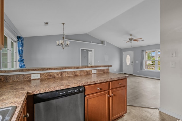 1220 Dunraven Ct, Conway, SC 29527 - kitchen featuring stainless steel dishwasher, lofted ceiling, a chandelier, brown cabinets, and ceiling fan