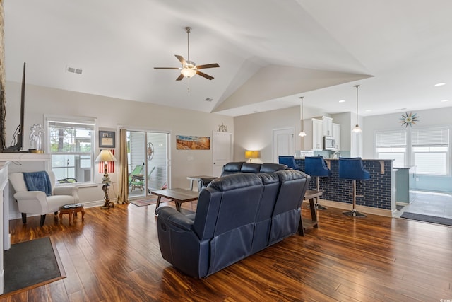 131 Crabapple Dr, Longs, SC 29568 - living area with a ceiling fan, dark wood finished floors, healthy amount of natural light, baseboards, and high vaulted ceiling