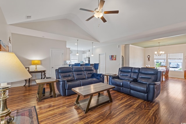 131 Crabapple Dr, Longs, SC 29568 - living room featuring wood finished floors, ceiling fan, a chandelier, and lofted ceiling