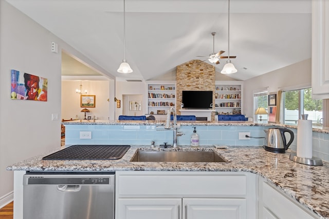 131 Crabapple Dr, Longs, SC 29568 - kitchen with stainless steel dishwasher, a sink, ceiling fan, vaulted ceiling, and white cabinets