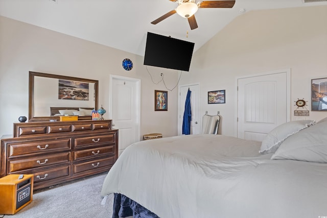 131 Crabapple Dr, Longs, SC 29568 - bedroom with light colored carpet, high vaulted ceiling, and a ceiling fan