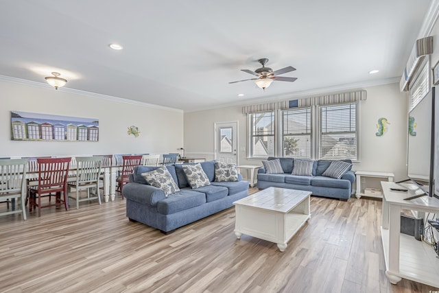 1613 Havens Dr, North Myrtle Beach, SC 29582 - living area with crown molding, a ceiling fan, light wood finished floors, and recessed lighting