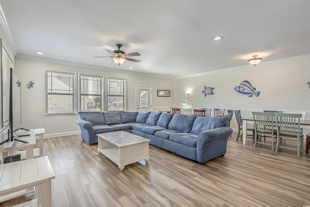 1613 Havens Dr, North Myrtle Beach, SC 29582 - living area featuring ornamental molding, a ceiling fan, light wood finished floors, recessed lighting, and baseboards