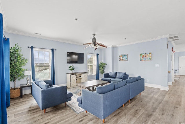 400 Hillside Dr S, North Myrtle Beach, SC 29582 - living area with plenty of natural light, light wood-style flooring, a ceiling fan, crown molding, and baseboards
