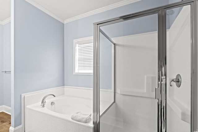 400 Hillside Dr S, North Myrtle Beach, SC 29582 - bathroom featuring a stall shower, a garden tub, ornamental molding, baseboards, and wood finished floors