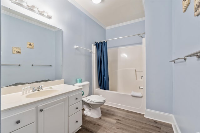400 Hillside Dr S, North Myrtle Beach, SC 29582 - bathroom with crown molding, vanity, toilet, wood finished floors, and shower / bath combo with shower curtain