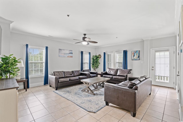 400 Hillside Dr S, North Myrtle Beach, SC 29582 - living area featuring light tile patterned floors, a ceiling fan, and crown molding
