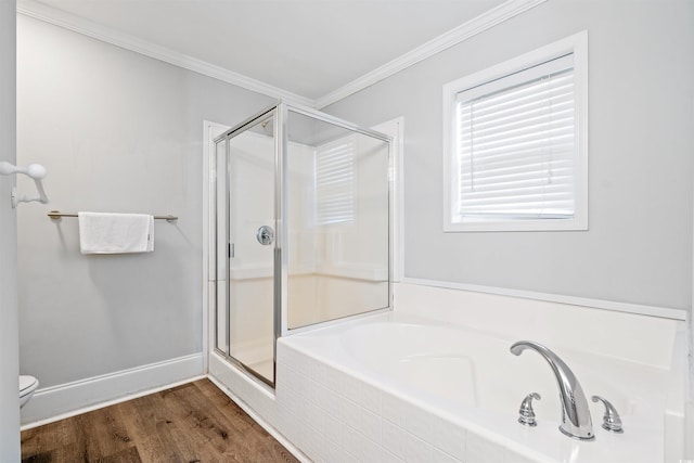 400 Hillside Dr S, North Myrtle Beach, SC 29582 - full bath with a shower stall, a garden tub, toilet, crown molding, and wood finished floors