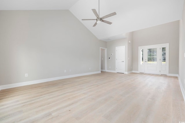 1900 Blue Bird Rd, Loris, SC 29569 - unfurnished living room with high vaulted ceiling, a ceiling fan, and light wood-style floors