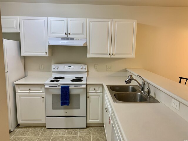 3677 Clay Pond Village Ln Unit 6, Myrtle Beach, SC 29579 - kitchen featuring under cabinet range hood, white appliances, a sink, and white cabinetry