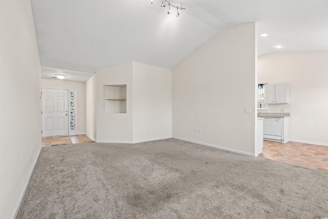 2336 Windmill Way, Myrtle Beach, SC 29579 - unfurnished living room featuring light carpet, lofted ceiling, baseboards, and recessed lighting