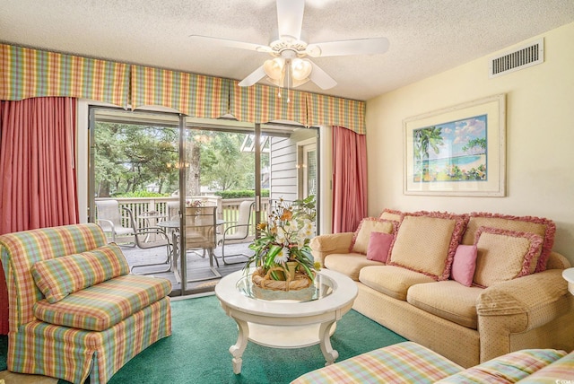 213 Westleton Dr Unit 16B, Myrtle Beach, SC 29572 - carpeted living room with a textured ceiling and ceiling fan