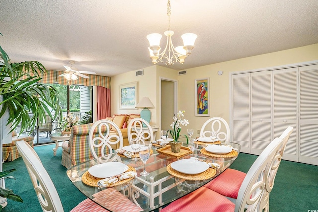 213 Westleton Dr Unit 16B, Myrtle Beach, SC 29572 - carpeted dining area with a textured ceiling, a chandelier, and ceiling fan