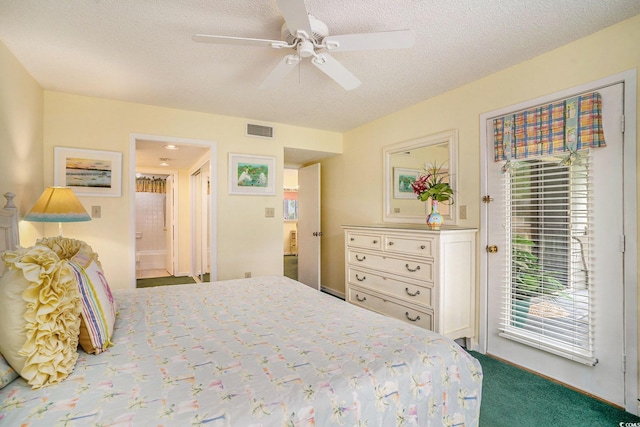 213 Westleton Dr Unit 16B, Myrtle Beach, SC 29572 - bedroom featuring carpet flooring, a textured ceiling, access to outside, connected bathroom, and ceiling fan