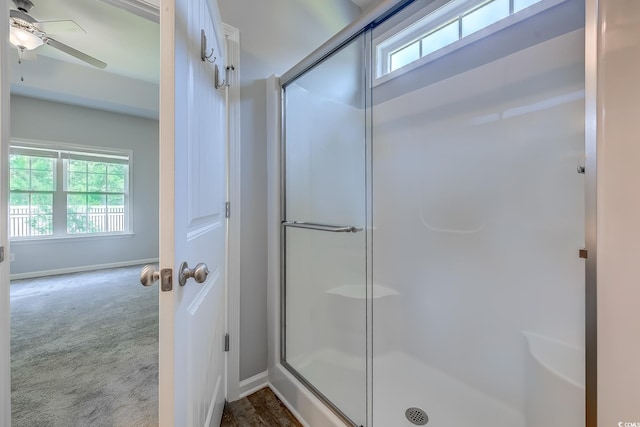 617 Chiswick Dr, Conway, SC 29526 - bathroom featuring healthy amount of natural light, a shower stall, a ceiling fan, and baseboards