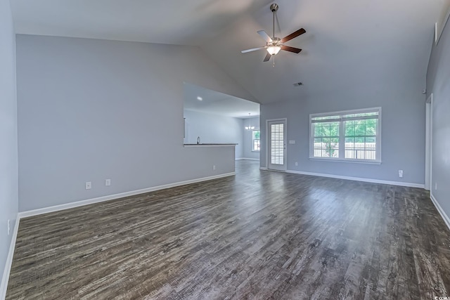 617 Chiswick Dr, Conway, SC 29526 - unfurnished living room featuring ceiling fan, dark wood-type flooring, baseboards, and high vaulted ceiling