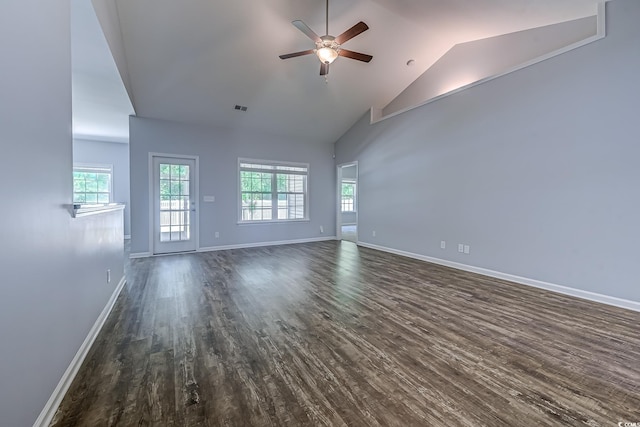 617 Chiswick Dr, Conway, SC 29526 - unfurnished living room with ceiling fan, dark wood-type flooring, baseboards, and high vaulted ceiling