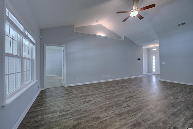 617 Chiswick Dr, Conway, SC 29526 - unfurnished living room featuring ceiling fan, baseboards, dark wood-style flooring, and high vaulted ceiling