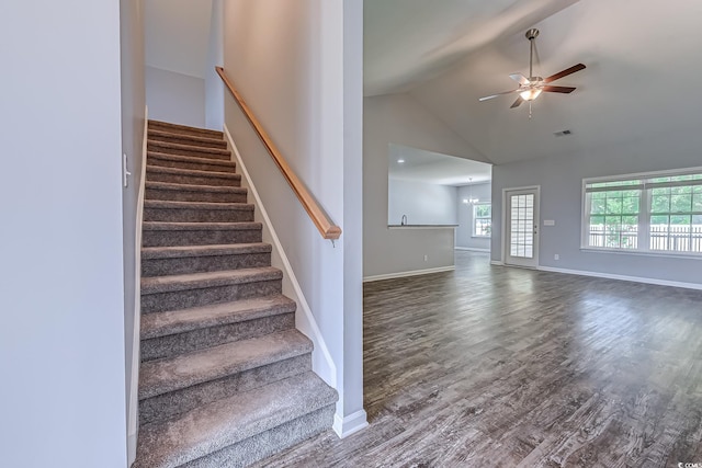 617 Chiswick Dr, Conway, SC 29526 - stairway featuring ceiling fan, wood finished floors, vaulted ceiling, and baseboards