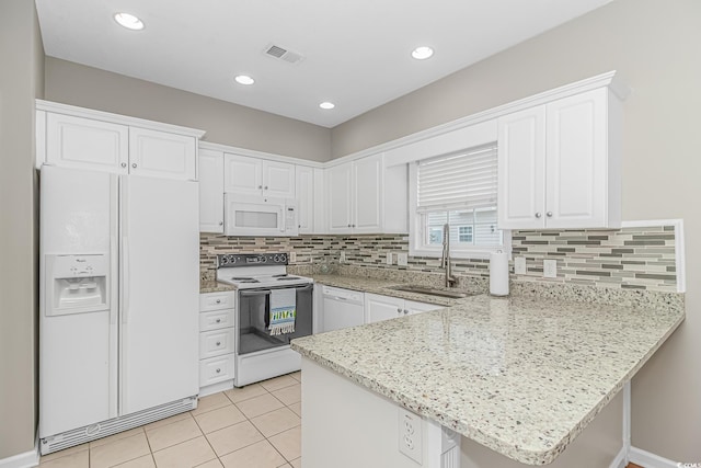 503 20th Ave N Unit 15B, North Myrtle Beach, SC 29582 - kitchen with white appliances, a sink, a peninsula, white cabinets, and recessed lighting