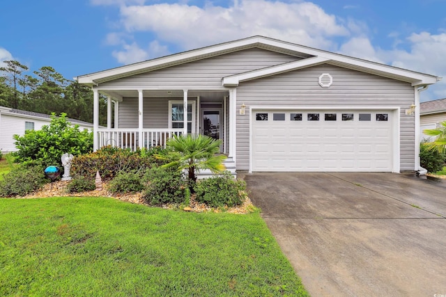 263 Walden Lake Rd, Conway, SC 29526 - ranch-style home featuring a garage, concrete driveway, a front lawn, and a porch