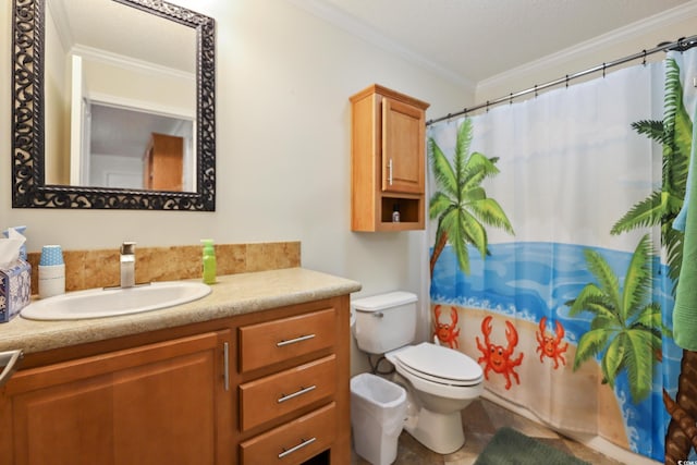 263 Walden Lake Rd, Conway, SC 29526 - bathroom featuring ornamental molding, vanity, toilet, and a shower with curtain