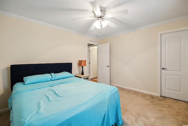 263 Walden Lake Rd, Conway, SC 29526 - bedroom with crown molding, light carpet, baseboards, a textured ceiling, and a ceiling fan