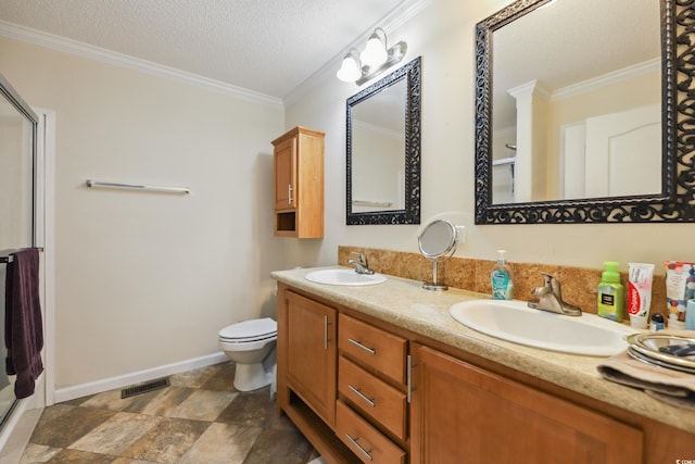 263 Walden Lake Rd, Conway, SC 29526 - full bathroom with toilet, a textured ceiling, double vanity, a shower with shower door, and ornamental molding