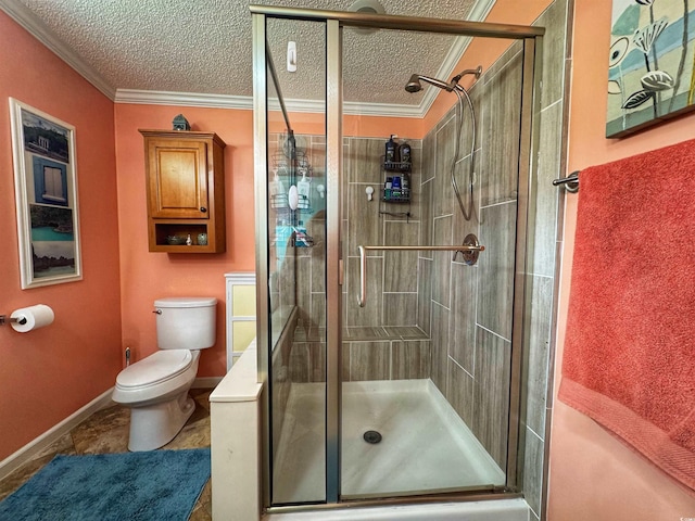 356 Lakeside Crossing Dr, Conway, SC 29526 - full bathroom with ornamental molding, toilet, a stall shower, a textured ceiling, and baseboards