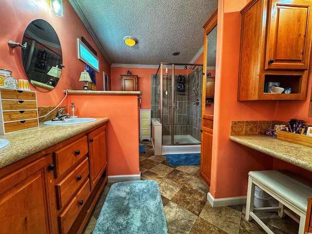 356 Lakeside Crossing Dr, Conway, SC 29526 - full bath featuring baseboards, a shower stall, ornamental molding, vanity, and a textured ceiling