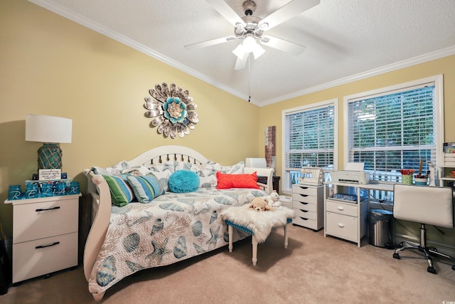 356 Lakeside Crossing Dr, Conway, SC 29526 - carpeted bedroom with crown molding, a textured ceiling, a desk, and ceiling fan
