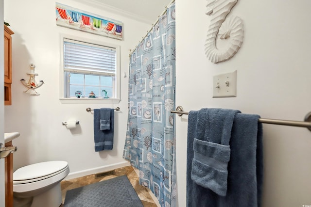 356 Lakeside Crossing Dr, Conway, SC 29526 - bathroom featuring toilet, vanity, baseboards, ornamental molding, and a shower with shower curtain