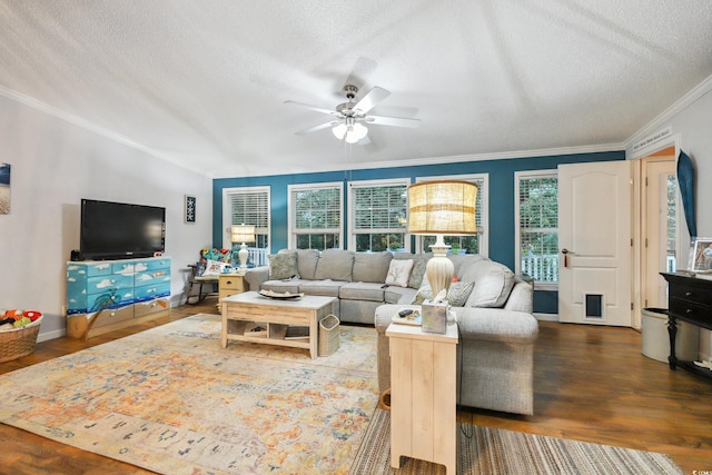 356 Lakeside Crossing Dr, Conway, SC 29526 - living room with a textured ceiling, ceiling fan, wood finished floors, and crown molding