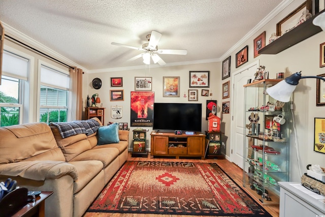 356 Lakeside Crossing Dr, Conway, SC 29526 - living area with ornamental molding, ceiling fan, a textured ceiling, and wood finished floors