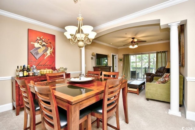 2180 Waterview Dr Unit 635, North Myrtle Beach, SC 29582 - dining room featuring ceiling fan, ornate columns, light carpet, ornamental molding, and a chandelier