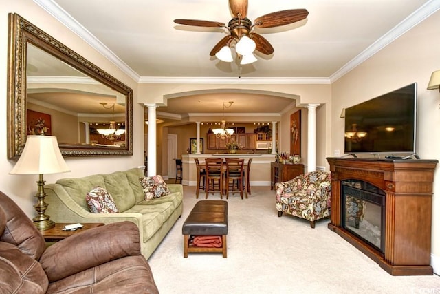 2180 Waterview Dr Unit 635, North Myrtle Beach, SC 29582 - carpeted living area with decorative columns, ornamental molding, a glass covered fireplace, a ceiling fan, and a chandelier