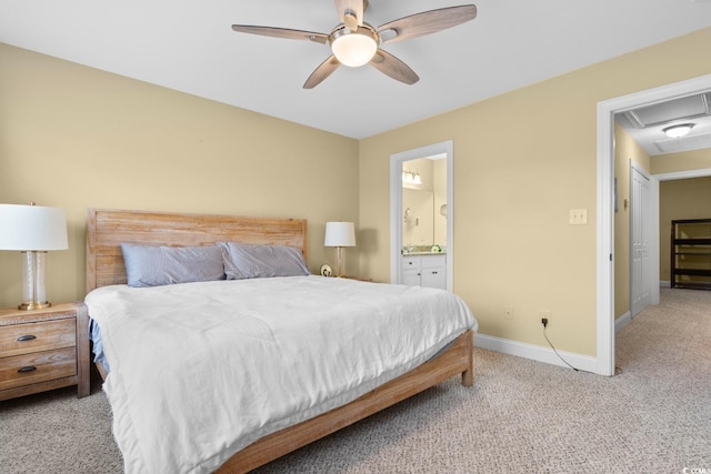 788 Gabreski Ln Unit B4, Myrtle Beach, SC 29577 - bedroom with light carpet, baseboards, attic access, connected bathroom, and ceiling fan