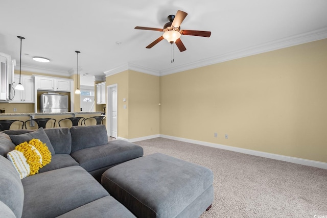 788 Gabreski Ln Unit B4, Myrtle Beach, SC 29577 - living room featuring ornamental molding, baseboards, ceiling fan, and light colored carpet