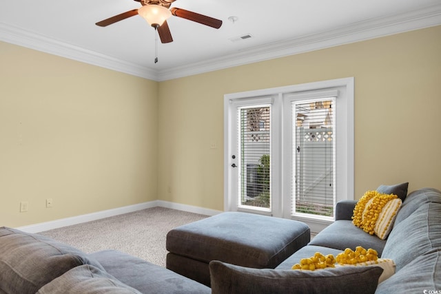 788 Gabreski Ln Unit B4, Myrtle Beach, SC 29577 - carpeted living area featuring ornamental molding, ceiling fan, and baseboards