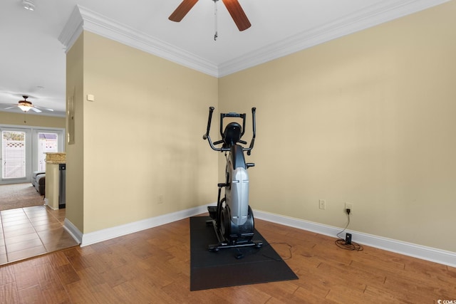 788 Gabreski Ln Unit B4, Myrtle Beach, SC 29577 - workout room featuring ceiling fan, crown molding, baseboards, and wood finished floors