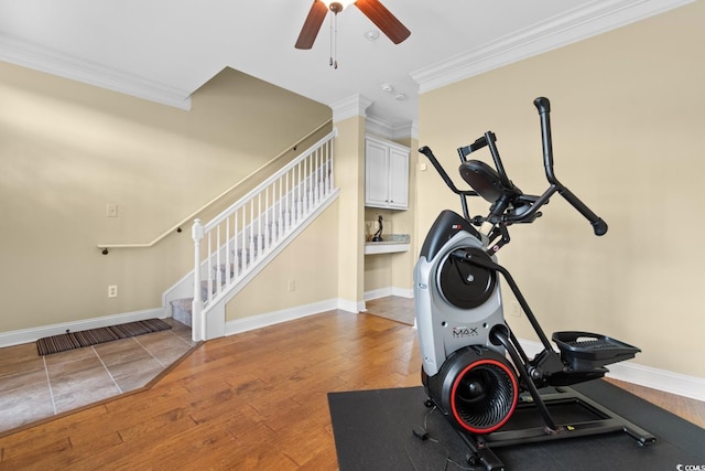 788 Gabreski Ln Unit B4, Myrtle Beach, SC 29577 - exercise room featuring ornamental molding, a ceiling fan, hardwood / wood-style floors, and baseboards